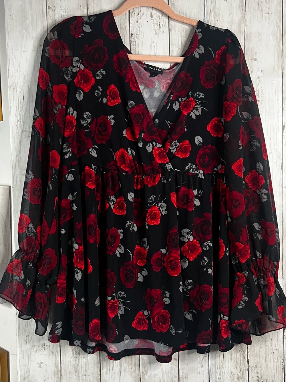 torrid Black Floral V-Neck Babydoll Tunic with Red Roses